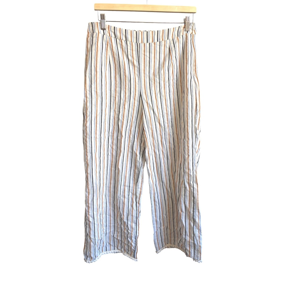 Anthropologie Paper Crane Striped Wide Leg Breezy Cotton Pom Pom Hem L
